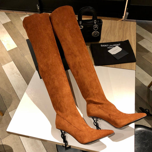OPYUM THIGH HIGH BOOTS IN BRONZE BROWN VELVET