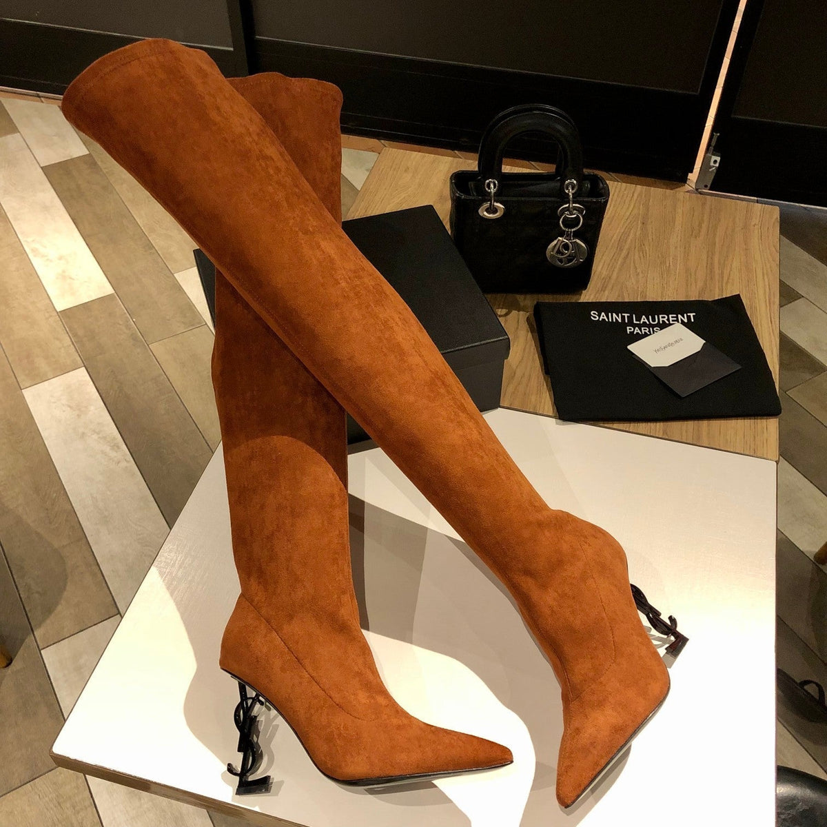 OPYUM THIGH HIGH BOOTS IN BRONZE BROWN VELVET