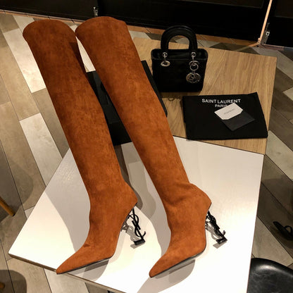 OPYUM THIGH HIGH BOOTS IN BRONZE BROWN VELVET