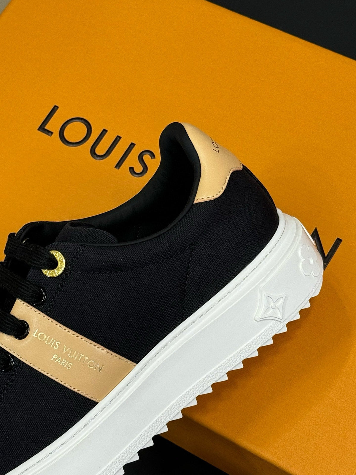LV TIME OUT SNEAKER IN BLACK MIX MACAROON GOLD CANVAS