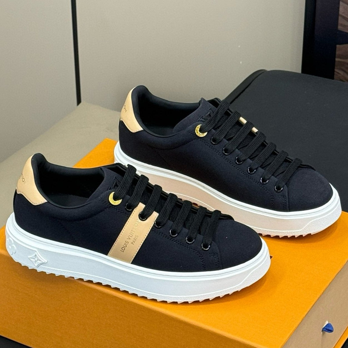 LV TIME OUT SNEAKER IN BLACK MIX MACAROON GOLD CANVAS