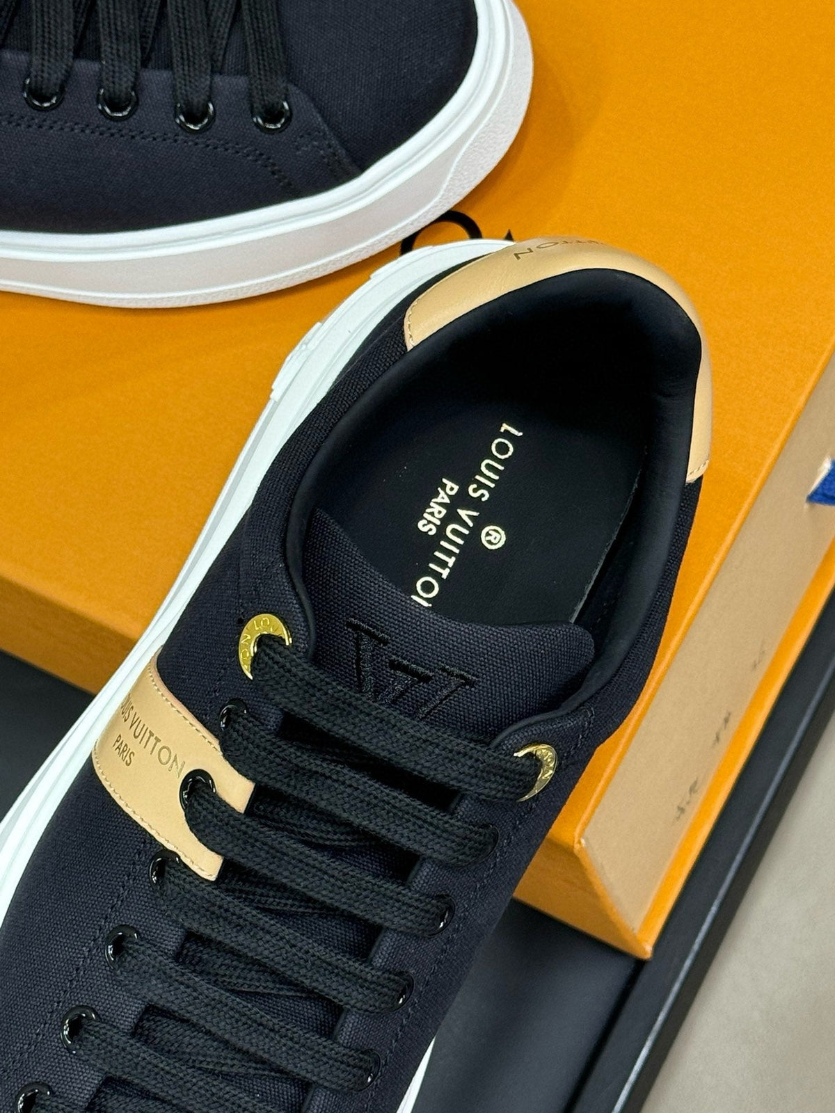 LV TIME OUT SNEAKER IN BLACK MIX MACAROON GOLD CANVAS