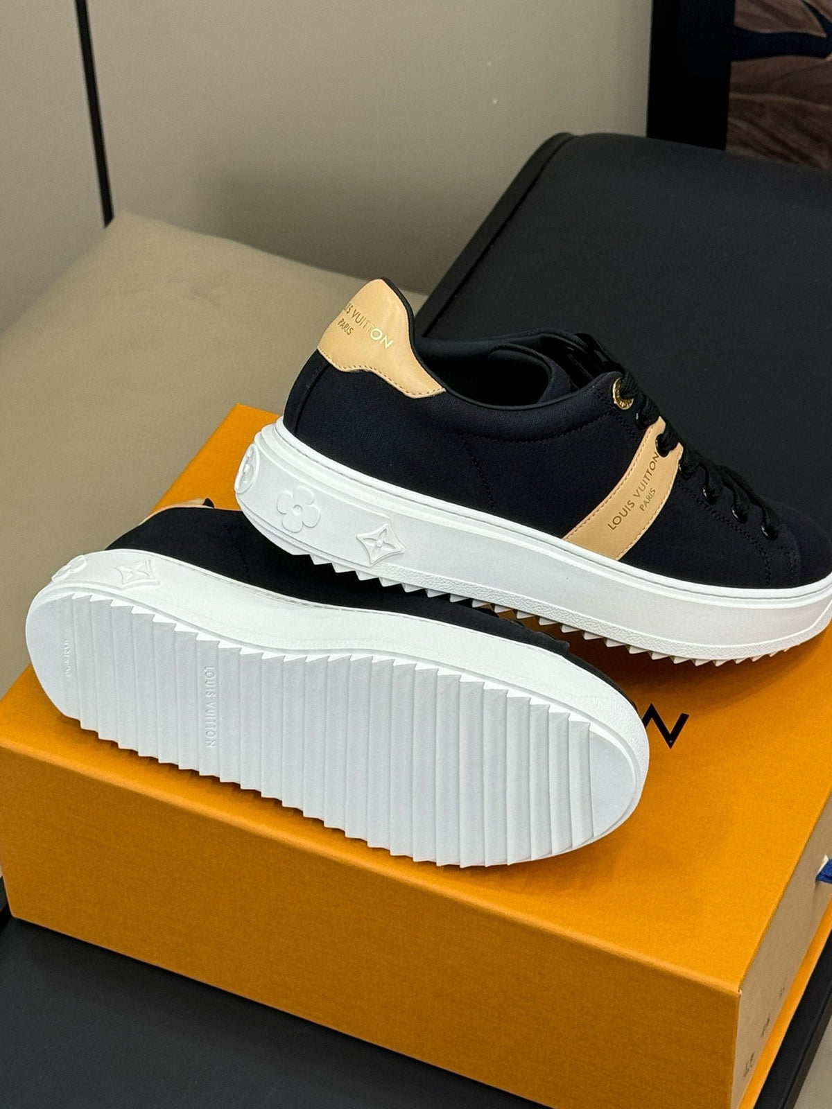 LV TIME OUT SNEAKER IN BLACK MIX MACAROON GOLD CANVAS