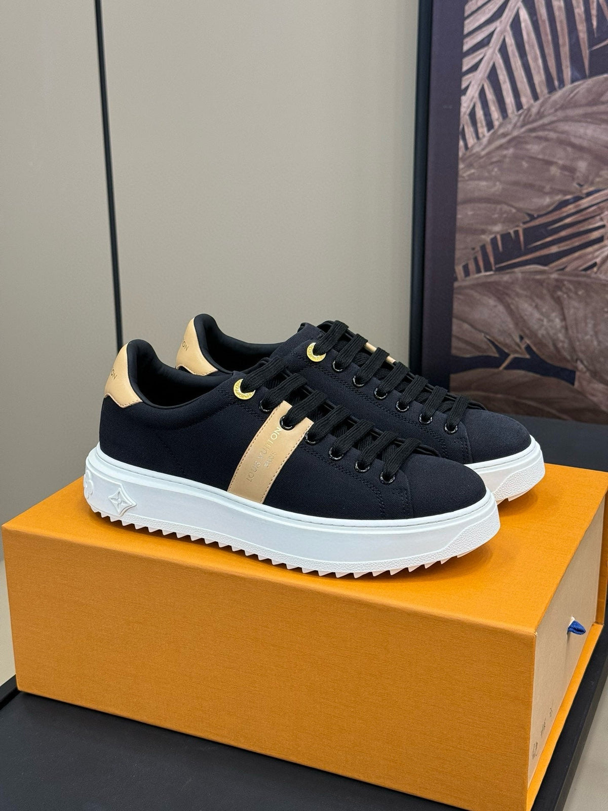 LV TIME OUT SNEAKER IN BLACK MIX MACAROON GOLD CANVAS