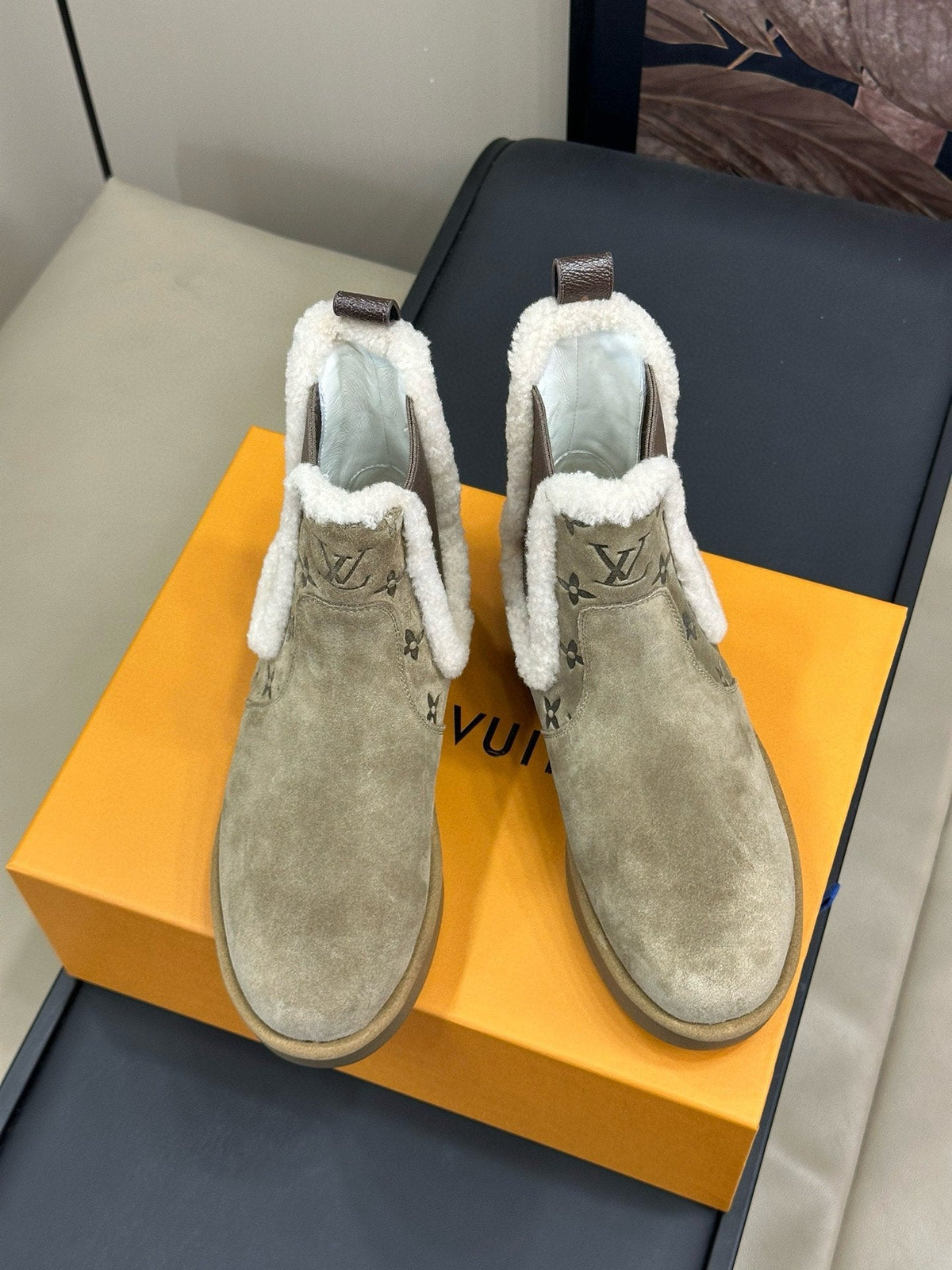 ASPEN CHELSEA ANKLE BOOTS IN ECRU BEIGE MONOGRAM-DEBOSSED SUEDE