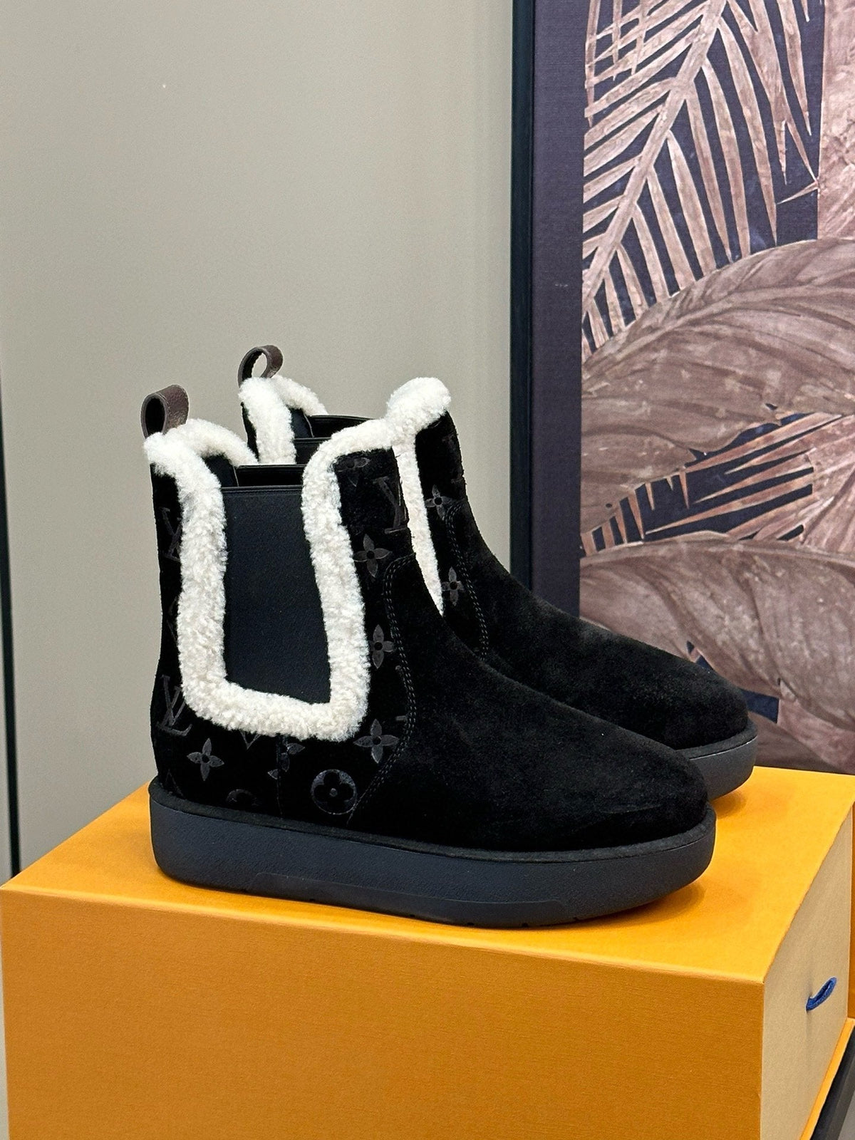 ASPEN CHELSEA ANKLE BOOTS IN BLACK MONOGRAM-DEBOSSED SUEDE