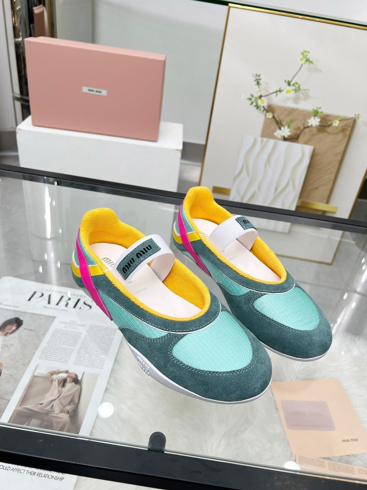 GYMNASIUM BALLERINAS IN GREEN PINK YELLOW TECHNICAL FABRIC AND SUEDE