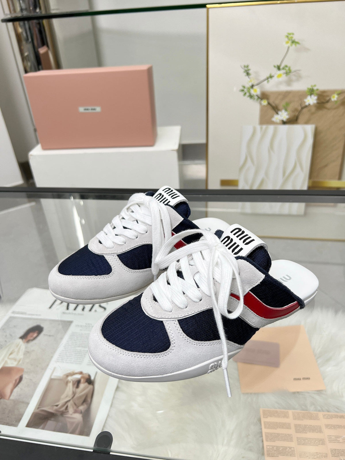 GYMNASIUM SNEAKERS MULES IN OFF WHITE SUEDE AND NAVY BLUE TECHNICAL FABRIC