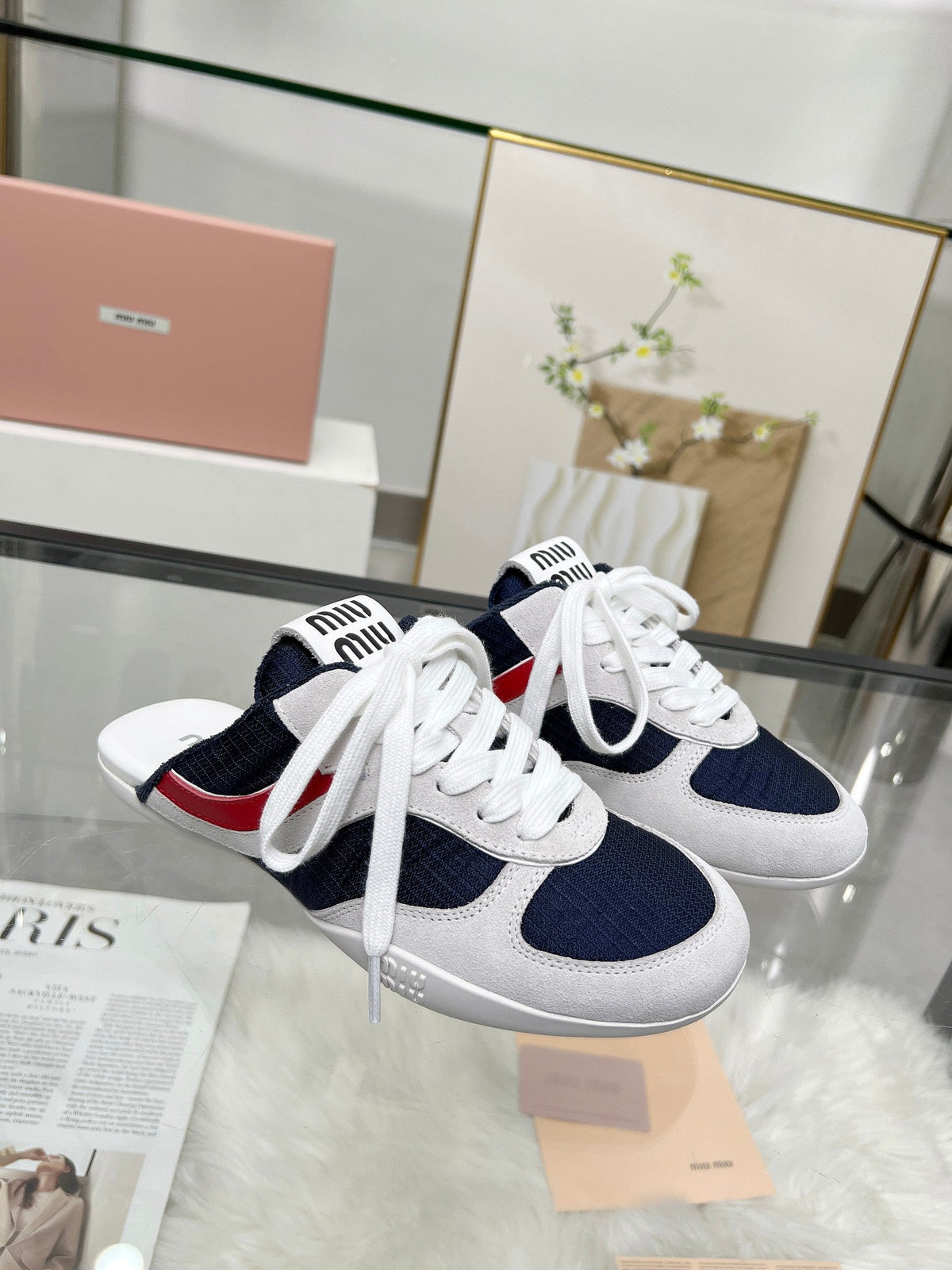 GYMNASIUM SNEAKERS MULES IN OFF WHITE SUEDE AND NAVY BLUE TECHNICAL FABRIC