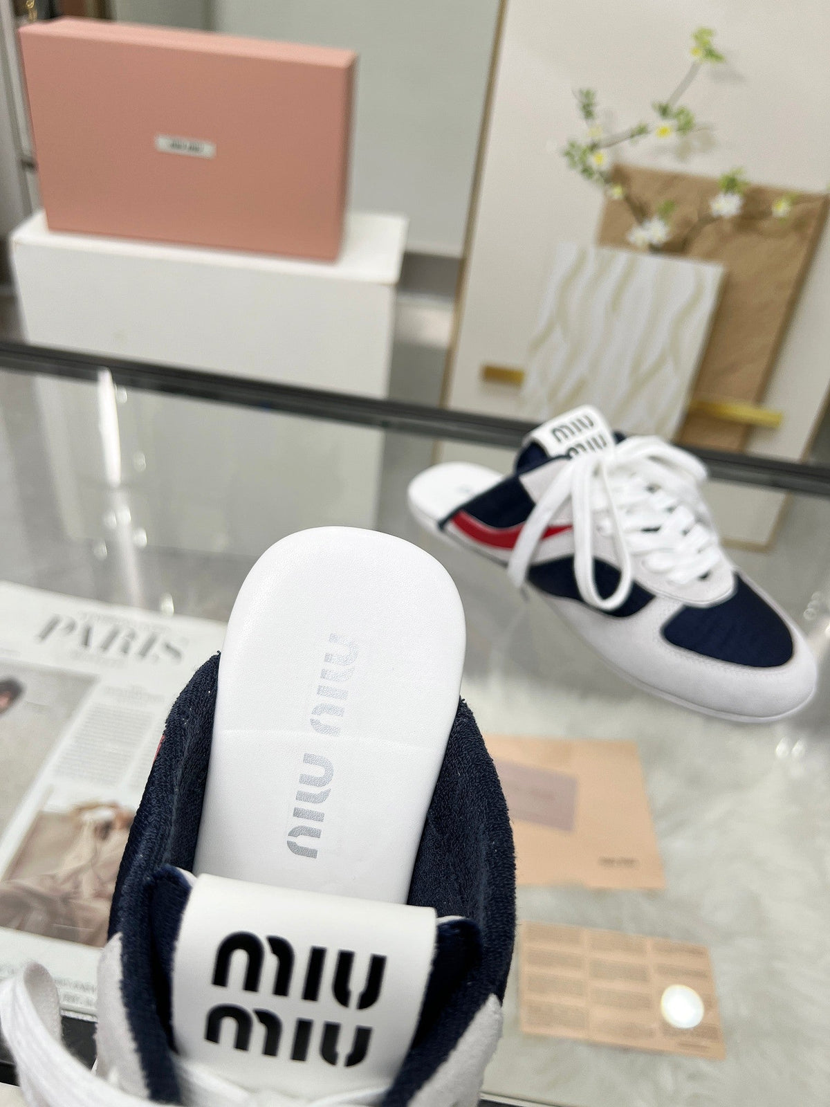 GYMNASIUM SNEAKERS MULES IN OFF WHITE SUEDE AND NAVY BLUE TECHNICAL FABRIC