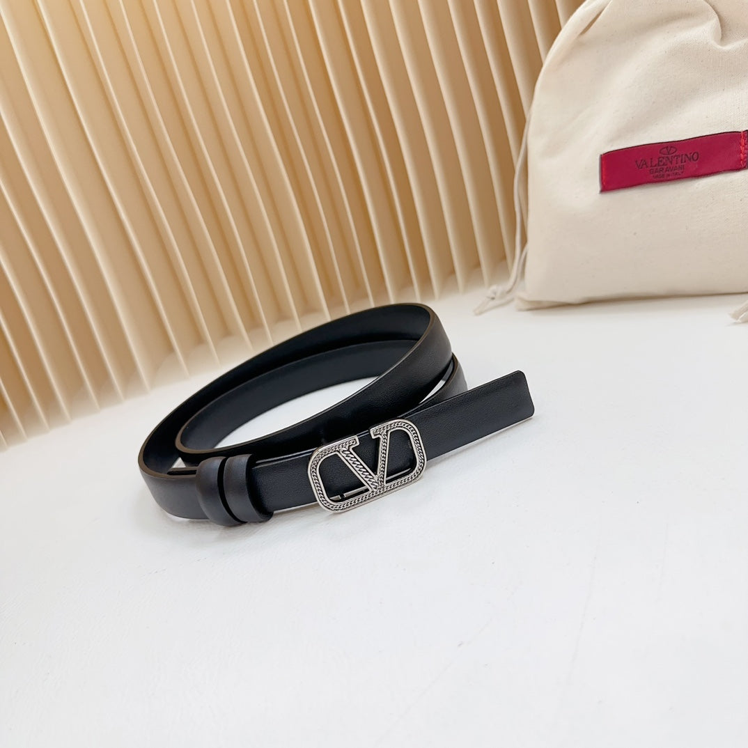 Vlogo Buckle Water Wave Silver Copper Glossy Black Leather 20mm Belt
