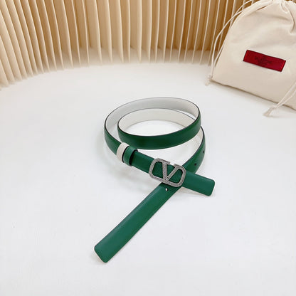 Vlogo Buckle Water Wave Silver Copper Glossy Dark Green White Leather 20mm Belt