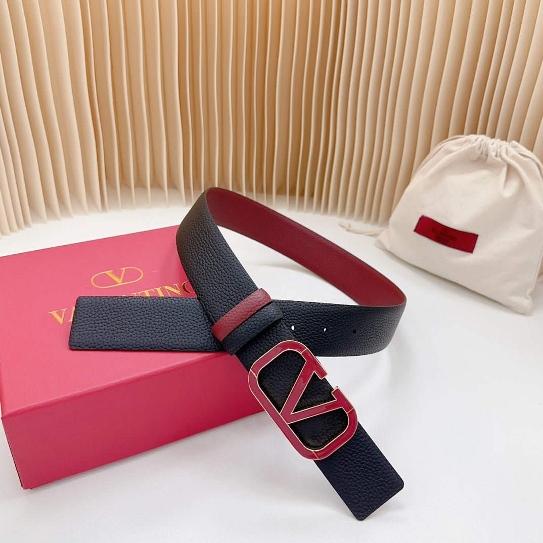 Vlogo Wine Gold Buckle Belt 40mm Wine Black Leather