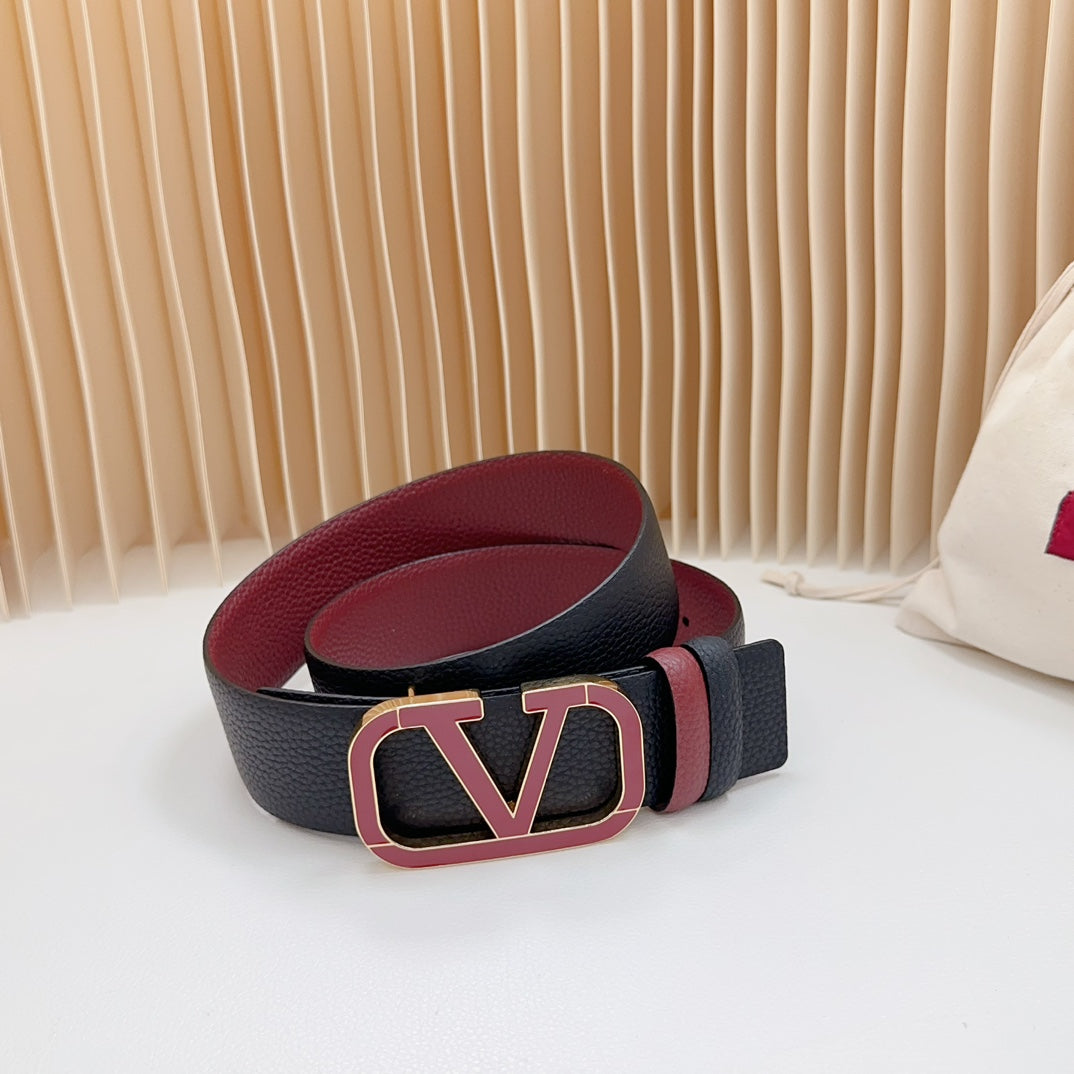 Vlogo Wine Gold Buckle Belt 40mm Wine Black Leather