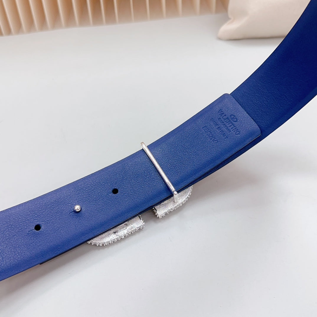 Vlogo Brown Black White Stone Silver Buckle Belt 40mm Chocolate Blue Leather