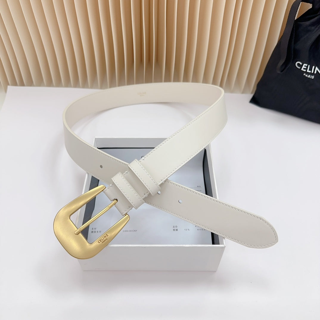 LARGE WESTERN 35 MM BELT WHITE CALFSKIN GOLD HARDWARE