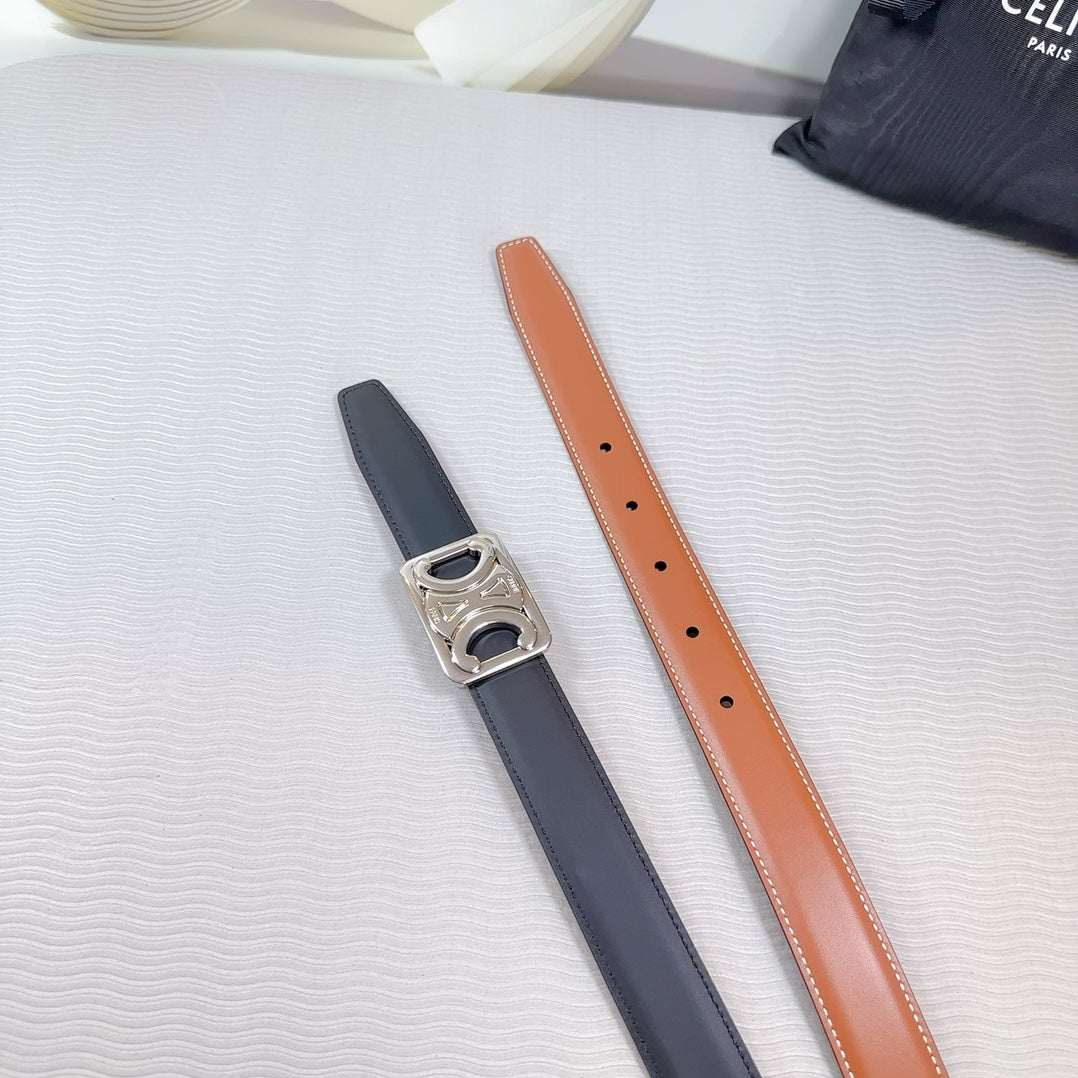 CL MEDIUM 25 MM REVERSIBLE FRAMED TRIOMPHE BELT BLACK AND BRONZE BROWN CALFSKIN SILVER HARDWARE