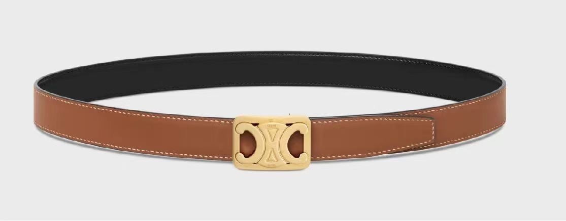 CL MEDIUM 25 MM REVERSIBLE FRAMED TRIOMPHE BELT BLACK AND BRONZE BROWN CALFSKIN GOLD HARDWARE