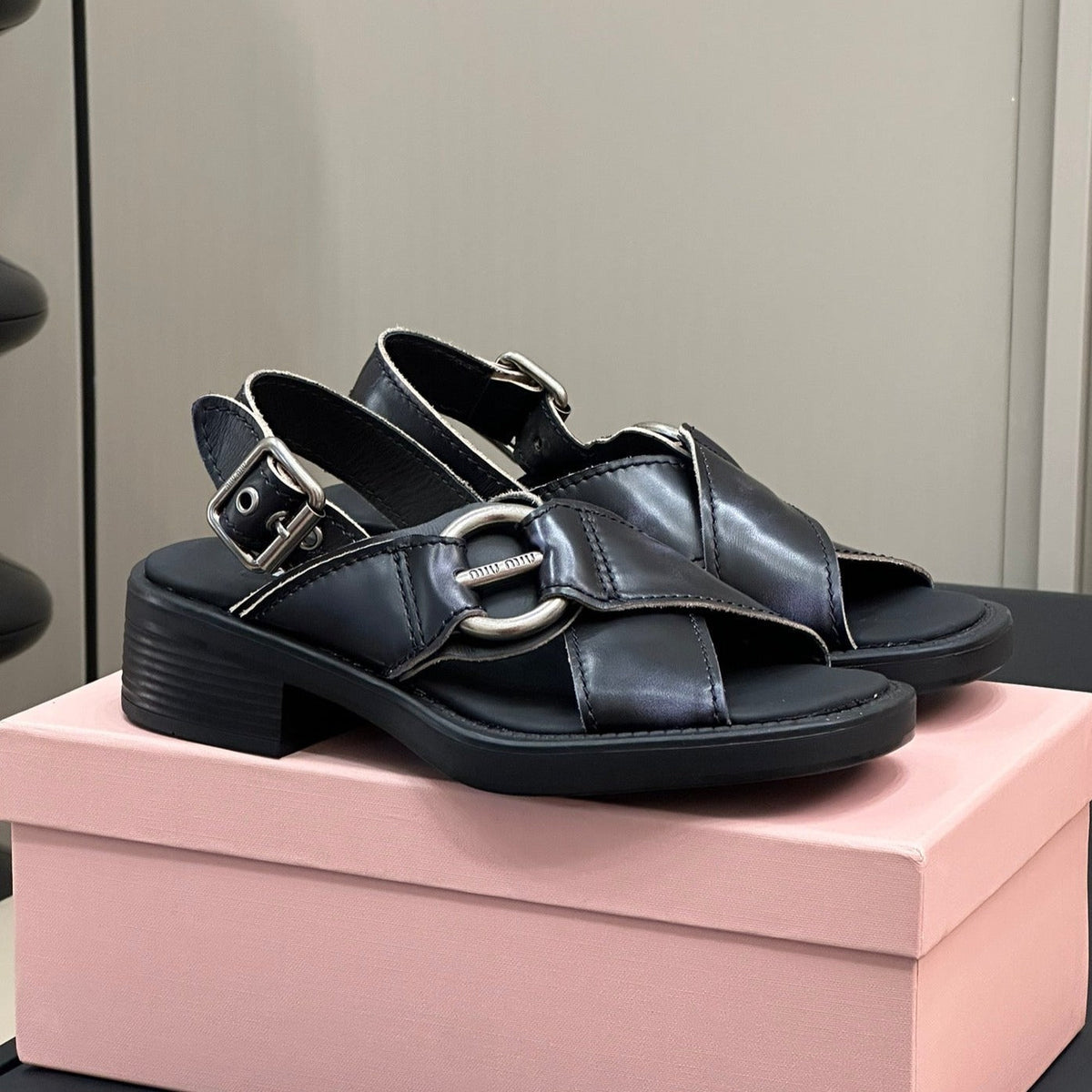 Sandals Black Retro Sheepskin With Cross - Straps