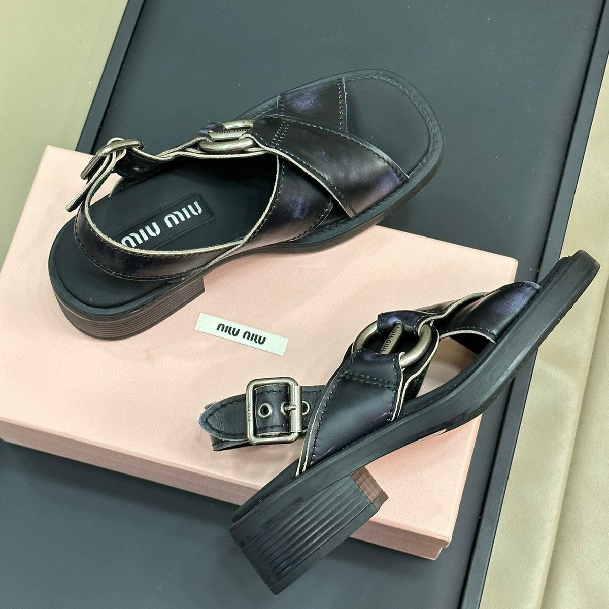 Sandals Black Retro Sheepskin With Cross - Straps