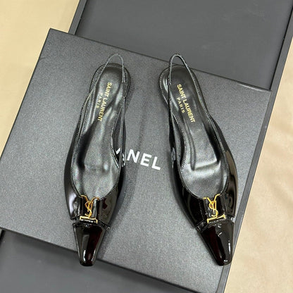 SL BABYLONE SLINGBACK FLAT BLACK POLISHED CALFSKIN