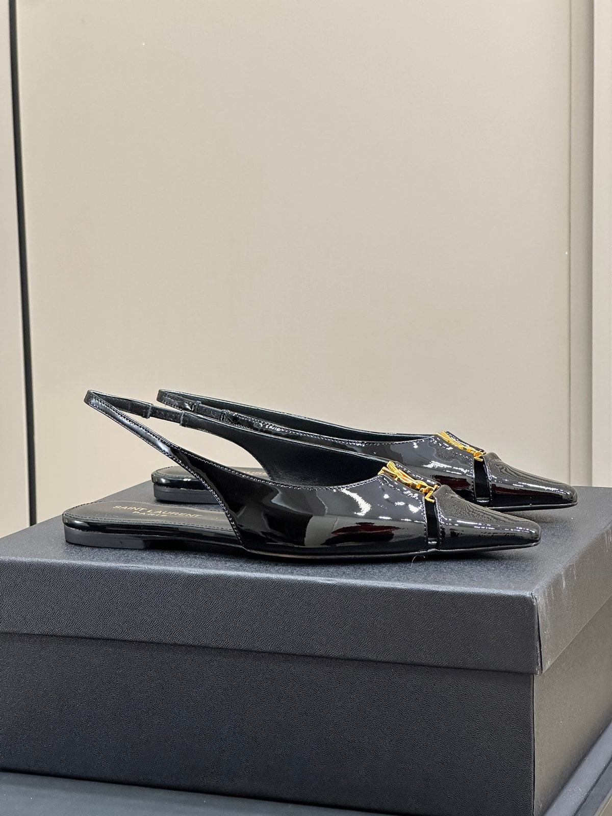SL BABYLONE SLINGBACK FLAT BLACK POLISHED CALFSKIN