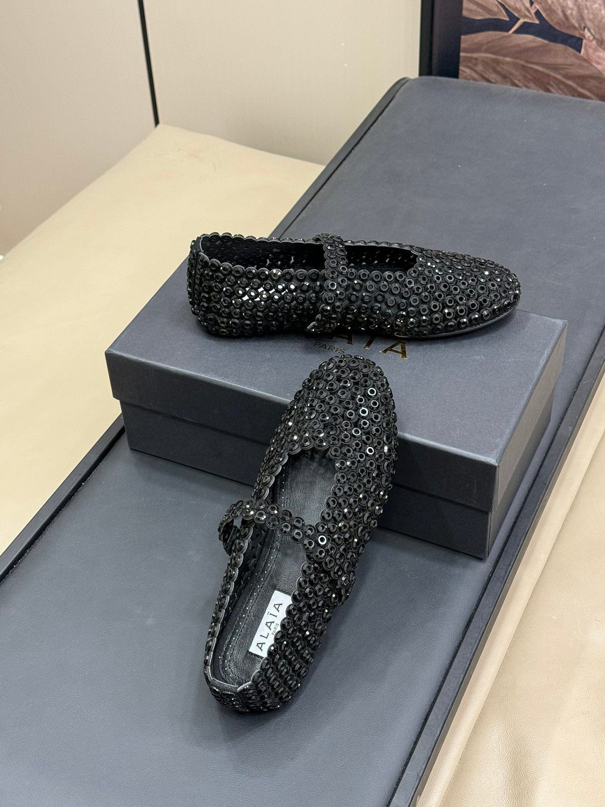 CRYSTAL-EMBELLISHED BALLERINA SHOES BLACK