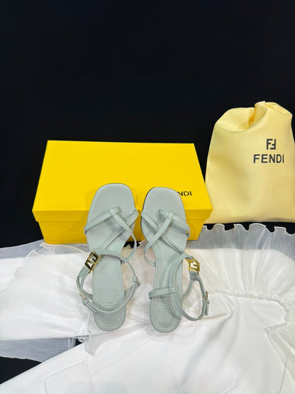 FENDI FFOLD MEDIUM-HEELED 55 MM SANDALS IN ASH GREY LAMBSKIN WITH GOLD HARDWARE