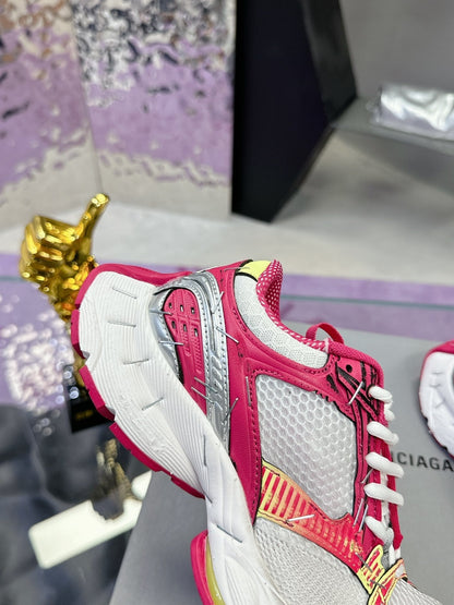 STAPLER SNEAKER IN WHITE, PINK, NEON YELLOW AND SILVER POLYURETHANE AND POLYESTER