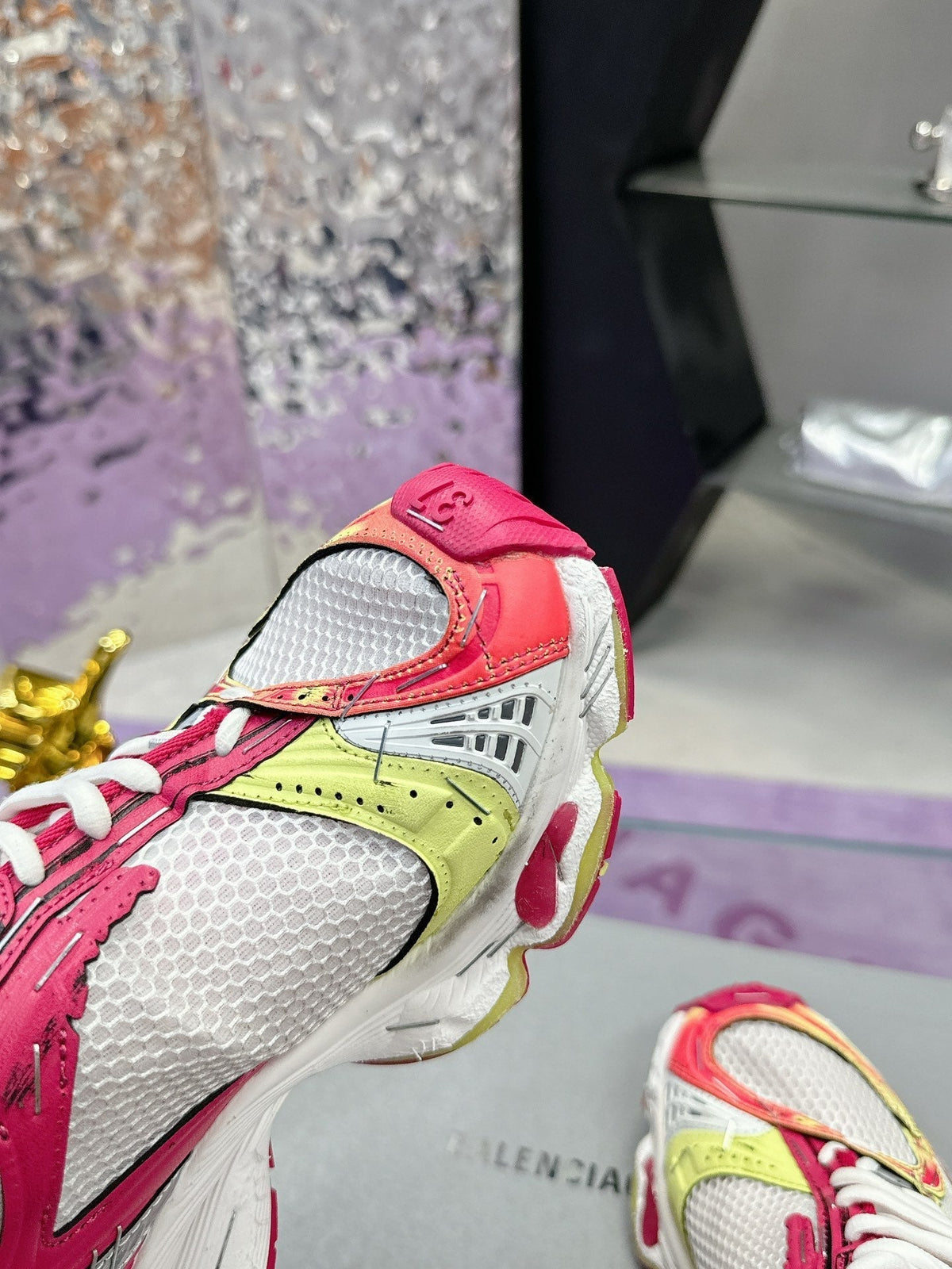 STAPLER SNEAKER IN WHITE, PINK, NEON YELLOW AND SILVER POLYURETHANE AND POLYESTER