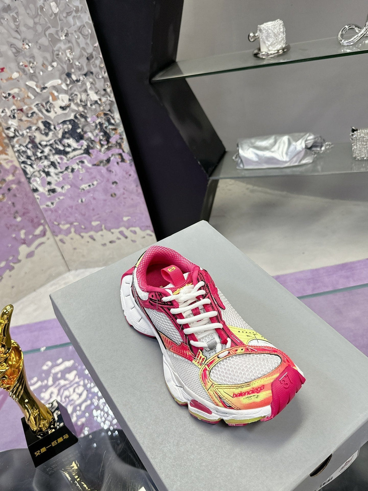 STAPLER SNEAKER IN WHITE, PINK, NEON YELLOW AND SILVER POLYURETHANE AND POLYESTER