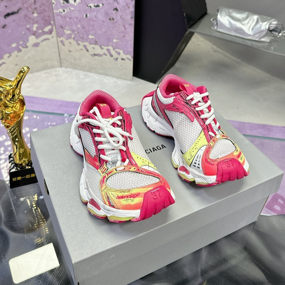 STAPLER SNEAKER IN WHITE, PINK, NEON YELLOW AND SILVER POLYURETHANE AND POLYESTER