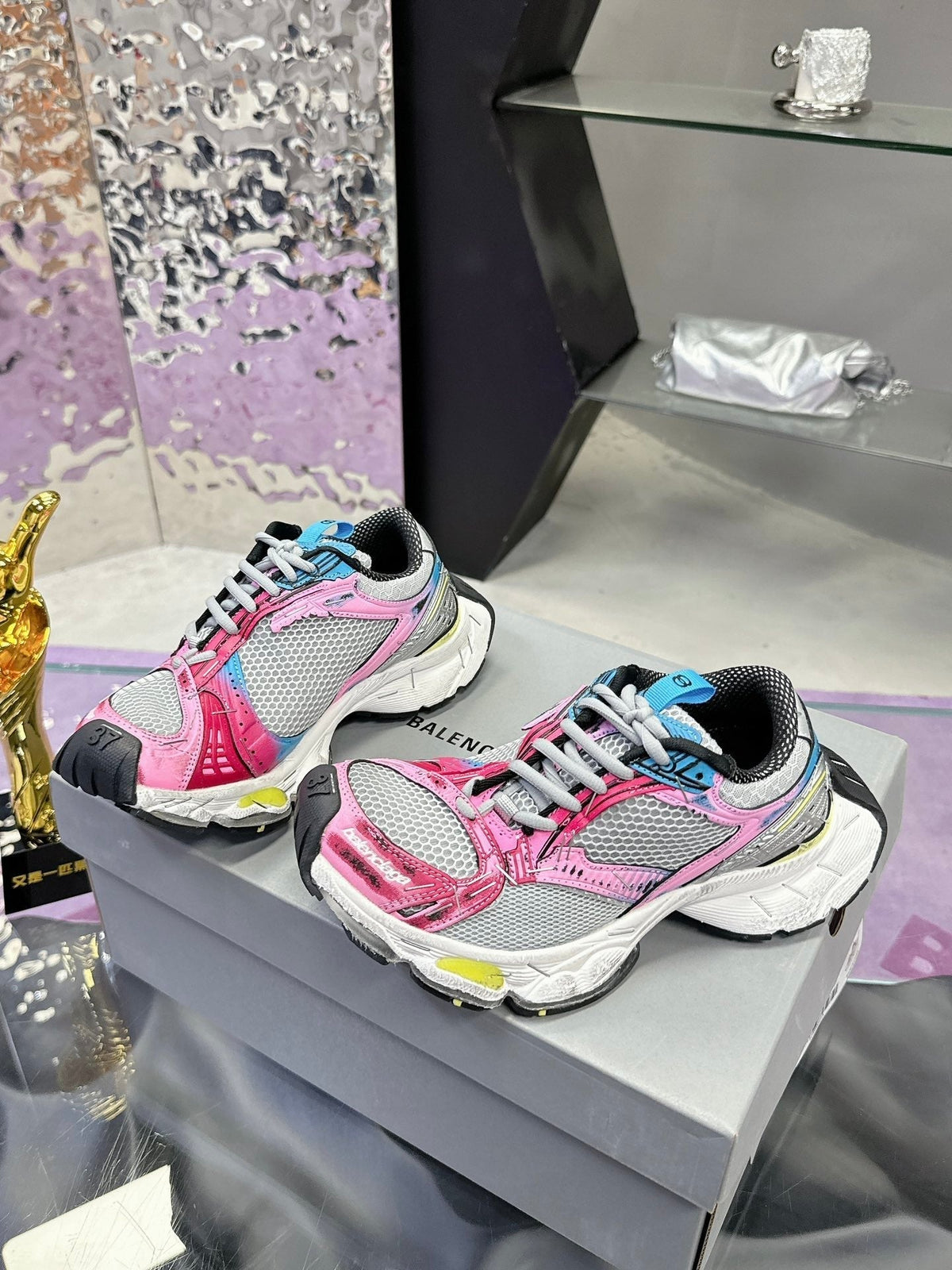 STAPLER SNEAKER IN GRAY PINK BLUE POLYURETHANE AND MESH