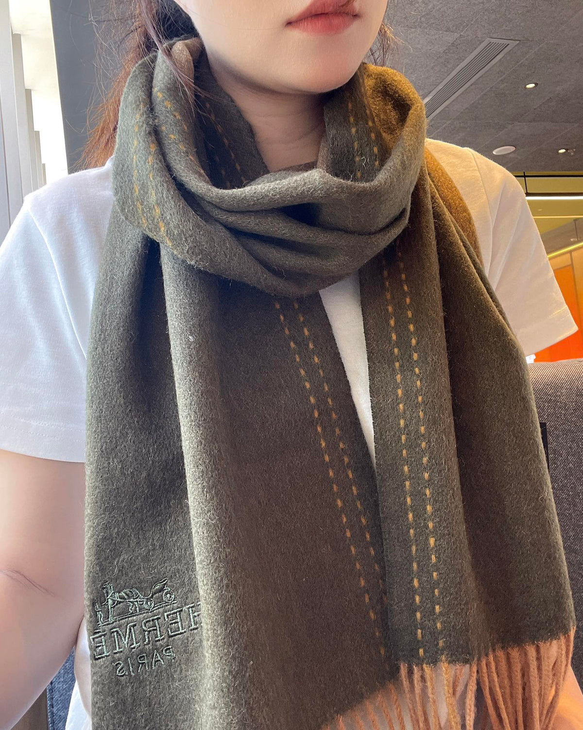 SCARF 180CM OLIVE GREEN CASHMERE
