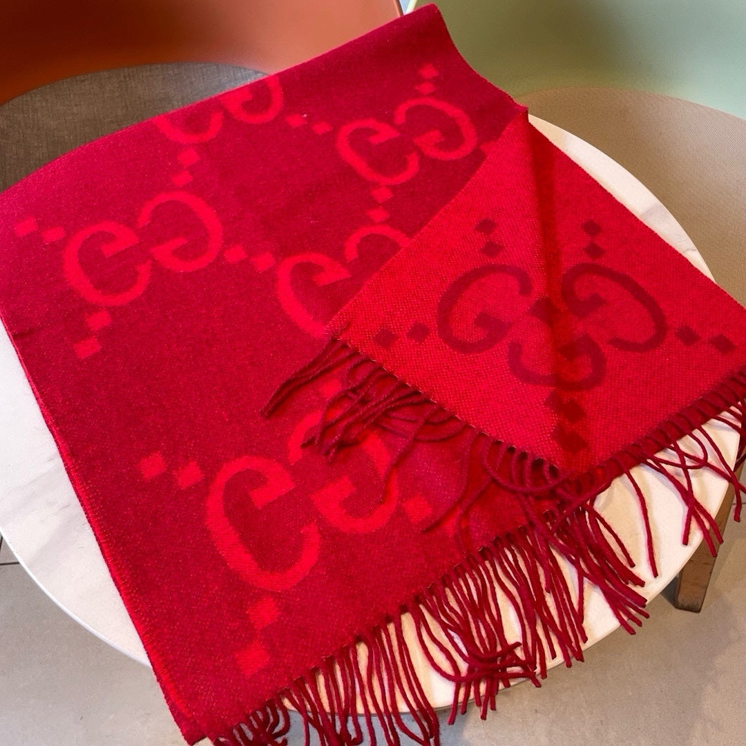 GG JACQUARD PATTERN KNIT SCARF 195 CM WITH TASSELS CHERRY RED 403746