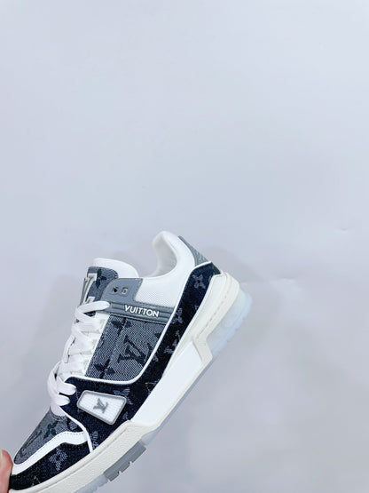 LV TRAINER SNEAKER IN DOVE GRAY MONOGRAM DENIM