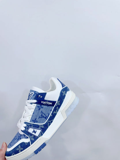 LV TRAINER SNEAKER IN CERULEAN BLUE MONOGRAM DENIM