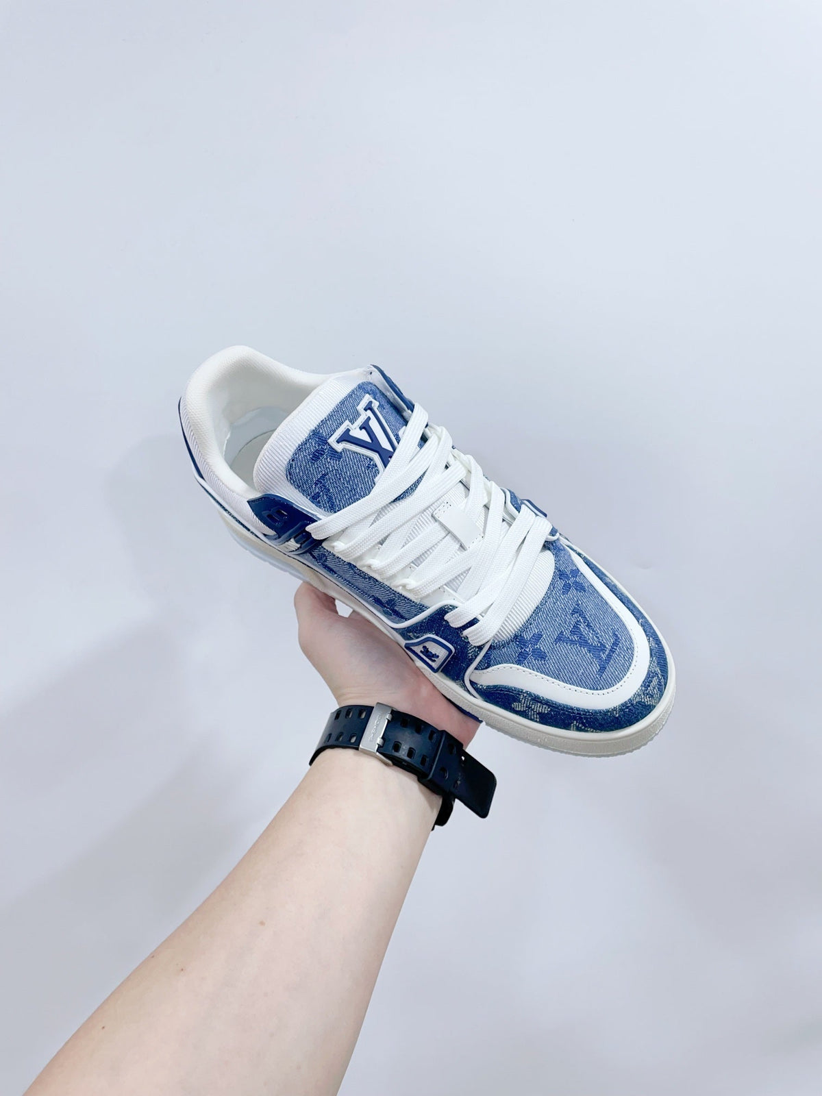 LV TRAINER SNEAKER IN CERULEAN BLUE MONOGRAM DENIM