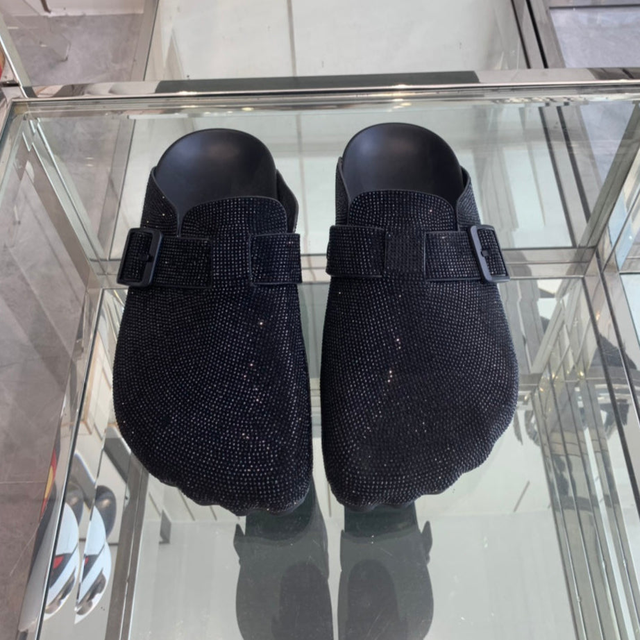 BIRKENSTOCK CLOG ATTACHED RHINESTONES IN BLACK CALFSKIN
