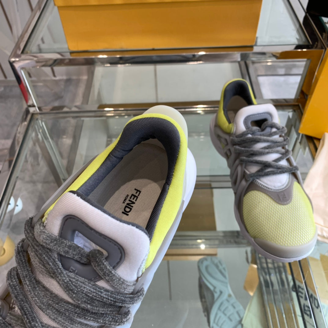FENDI TAG SNEAKER IN NEON YELLOW MIX GREY MESH AND RUBBER
