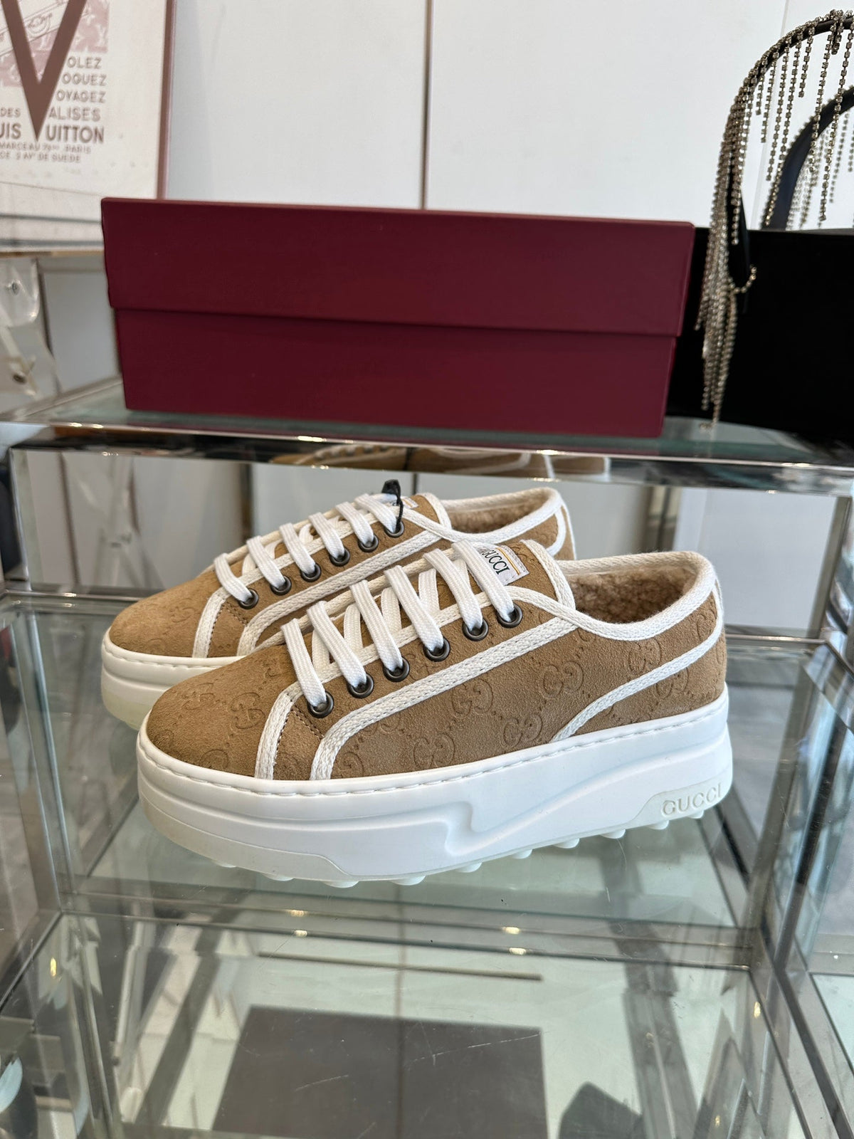 GG TENNIS SNEAKER IN CAMEL BROWN CANVAS WITH BEIGE FLEECE LINING