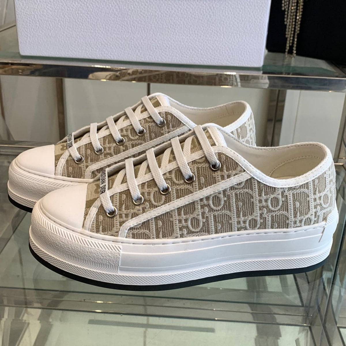 WALK'N PLATFORM SNEAKER CAMEL BEIGE OBLIQUE EMBROIDERED COTTON