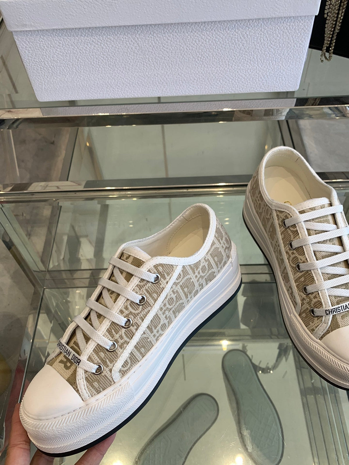 WALK'N PLATFORM SNEAKER CAMEL BEIGE OBLIQUE EMBROIDERED COTTON