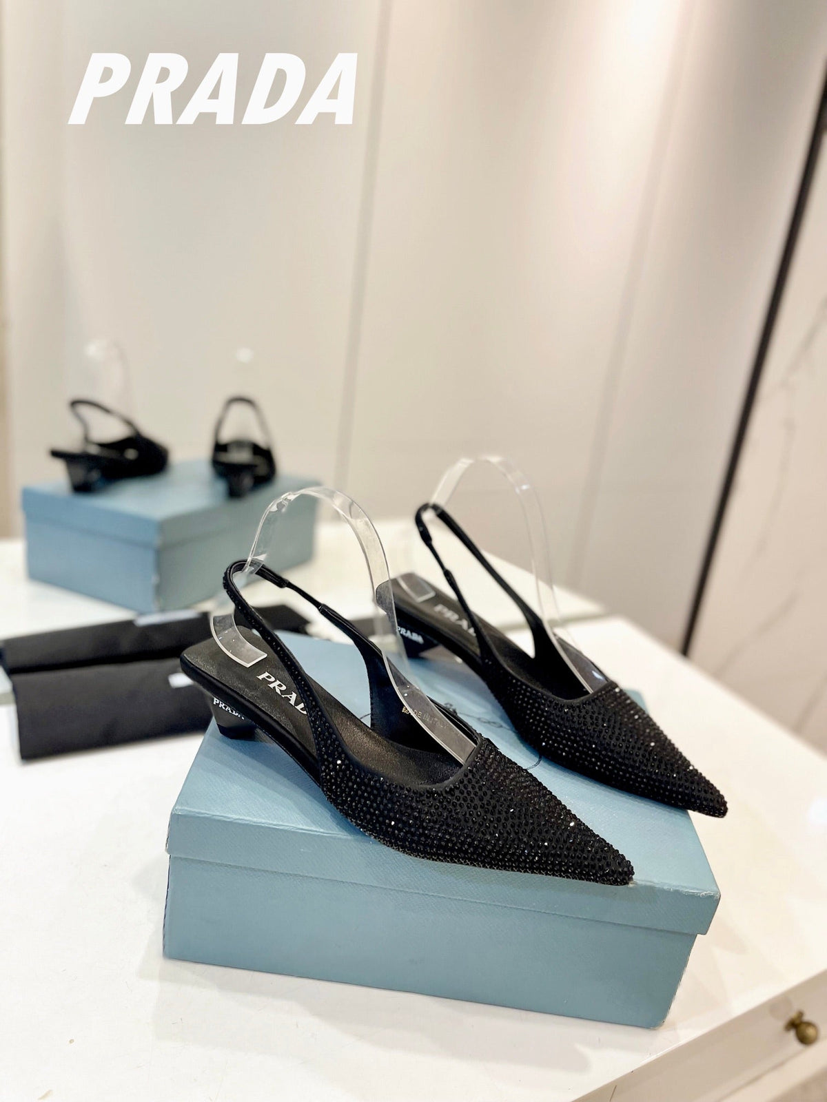 PRA SLINGBACK PUMPS BLACK SATIN WITH BLACK CRYSTALS