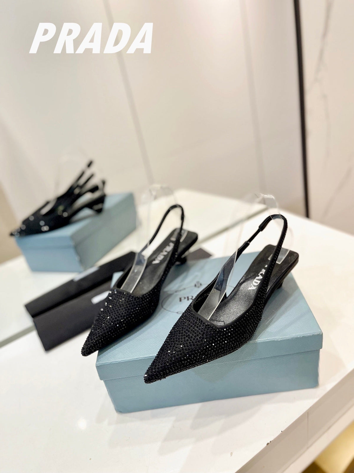 PRA SLINGBACK PUMPS BLACK SATIN WITH BLACK CRYSTALS
