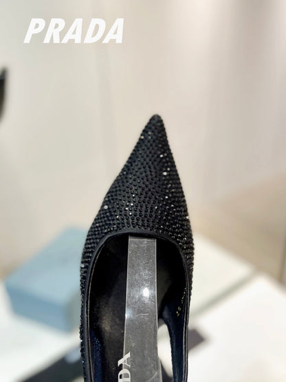 PRA SLINGBACK PUMPS BLACK SATIN WITH BLACK CRYSTALS