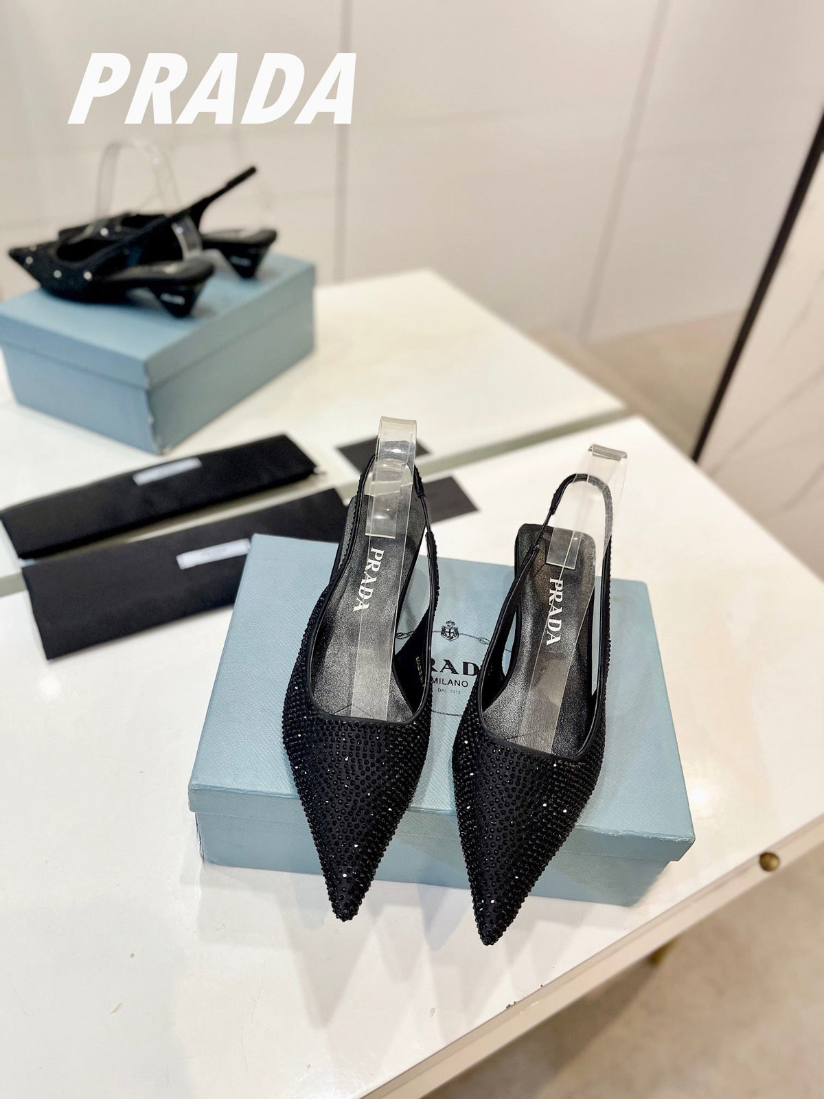 PRA SLINGBACK PUMPS BLACK SATIN WITH BLACK CRYSTALS