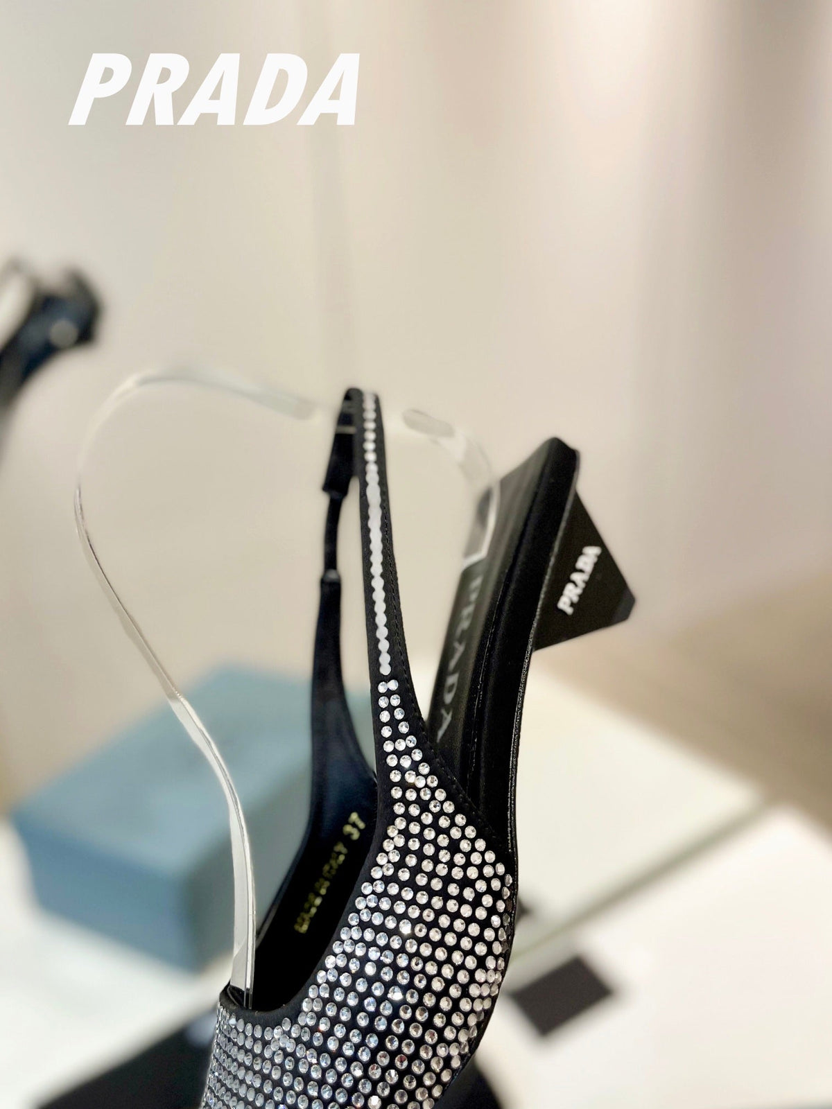 PRA SLINGBACK PUMPS BLACK SATIN WITH WHITE CRYSTALS