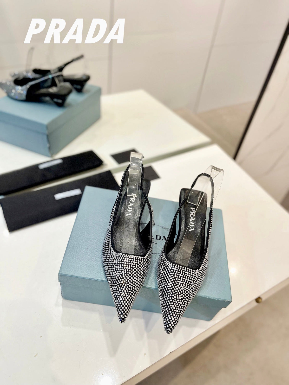 PRA SLINGBACK PUMPS BLACK SATIN WITH WHITE CRYSTALS