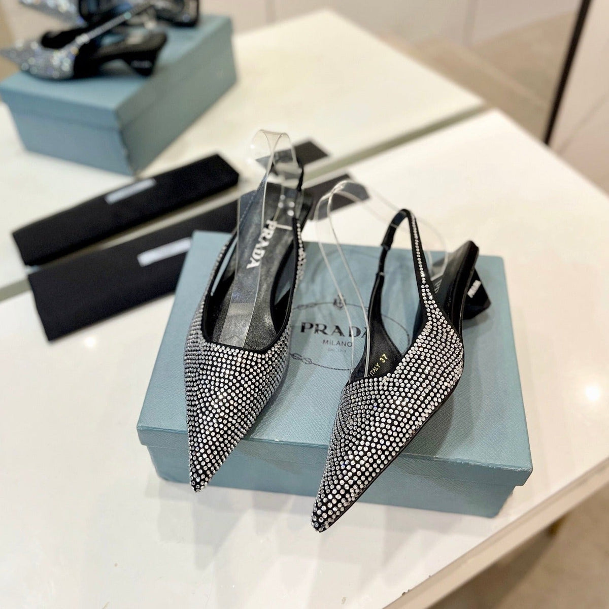 PRA SLINGBACK PUMPS BLACK SATIN WITH WHITE CRYSTALS